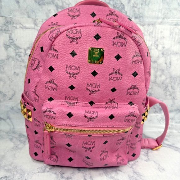 MCM Handbags - MCM Pink Monogram Gold Stud Leather Stark Backpack Laptop School Bag Comfort